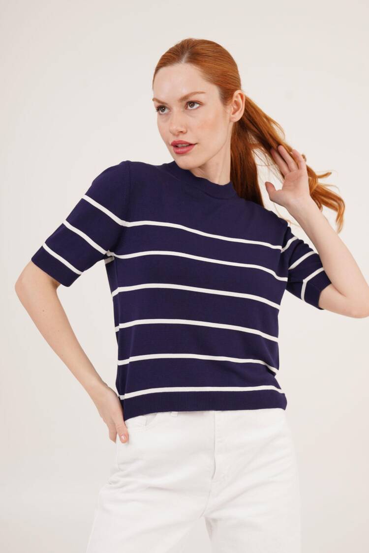 Striped Short Sleeve Navy Wholesale Blouse - Lustrin - Globality Store - Women Clothes Wholesale Turkey