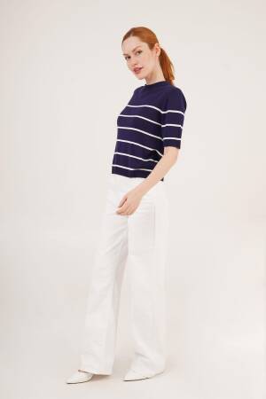 Striped Short Sleeve Navy Wholesale Blouse - Lustrin - Globality Store - Women Clothes Wholesale Turkey