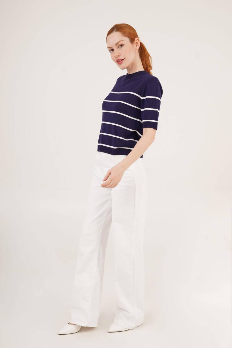 Striped Short Sleeve Navy Wholesale Blouse