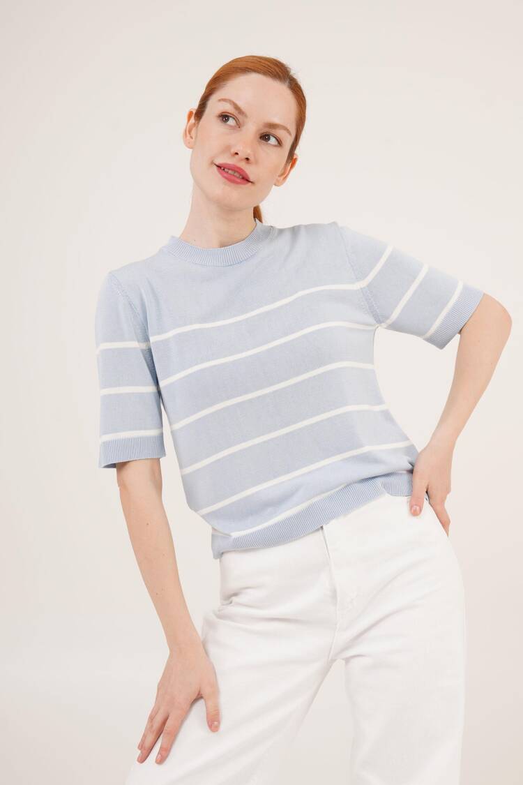 Striped Short Sleeve BabyWholesale Blouse - Lustrin - Globality Store - Women Clothes Wholesale Turkey