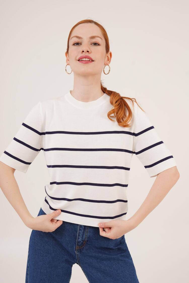 Striped Short SleeveNavy Wholesale Blouse - Lustrin - Globality Store - Women Clothes Wholesale Turkey