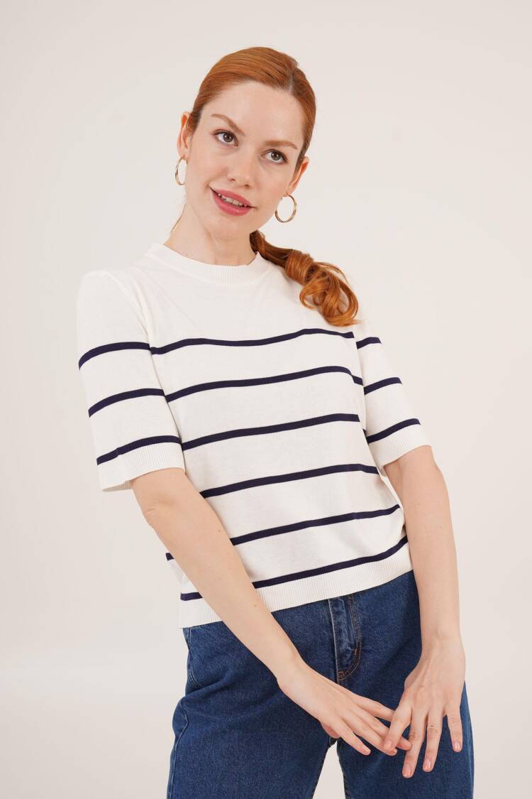 Striped Short SleeveNavy Wholesale Blouse