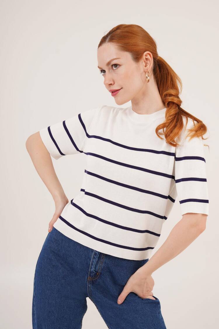 Striped Short SleeveNavy Wholesale Blouse
