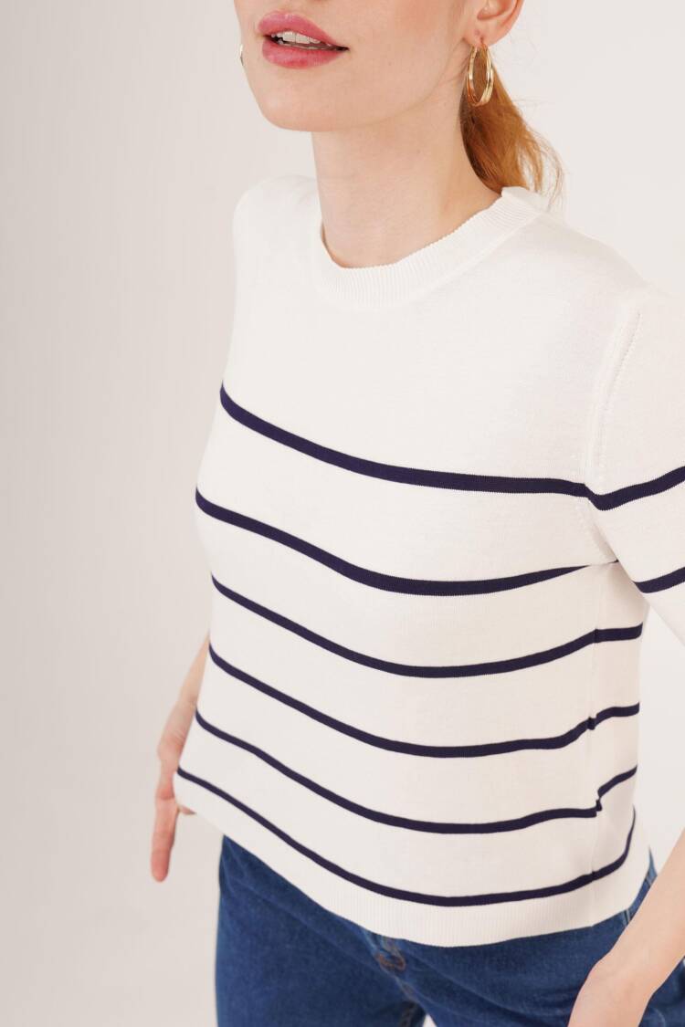 Striped Short SleeveNavy Wholesale Blouse