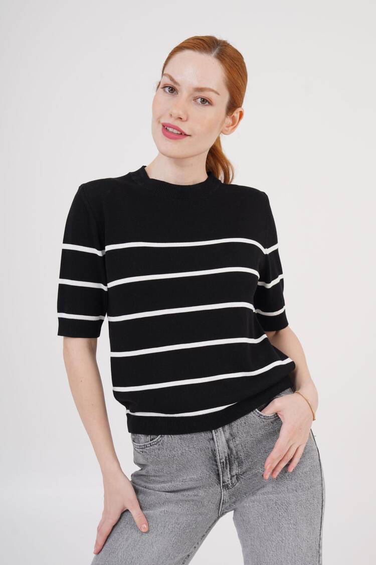 Striped Short SleeveWholesale Blouse - Lustrin - Globality Store - Women Clothes Wholesale Turkey