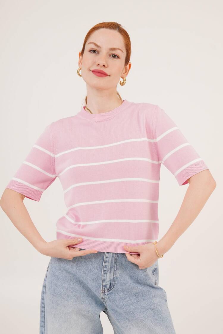 Striped Short Sleeve Pink Wholesale Blouse