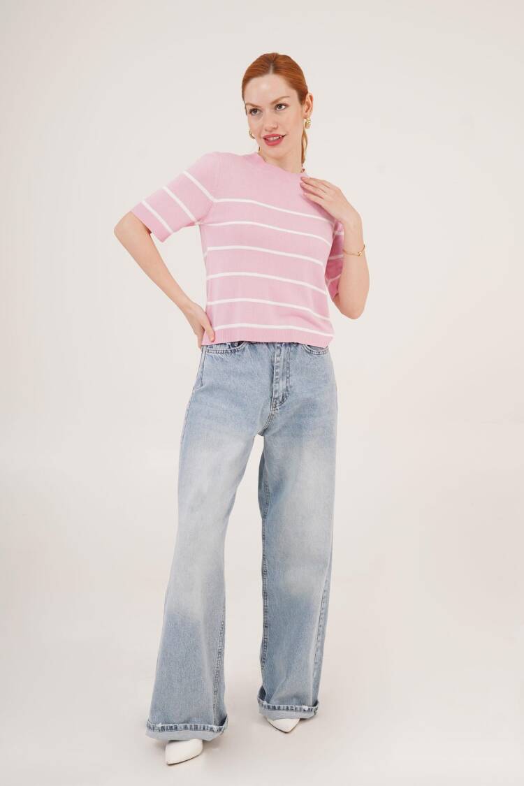 Striped Short Sleeve Pink Wholesale Blouse
