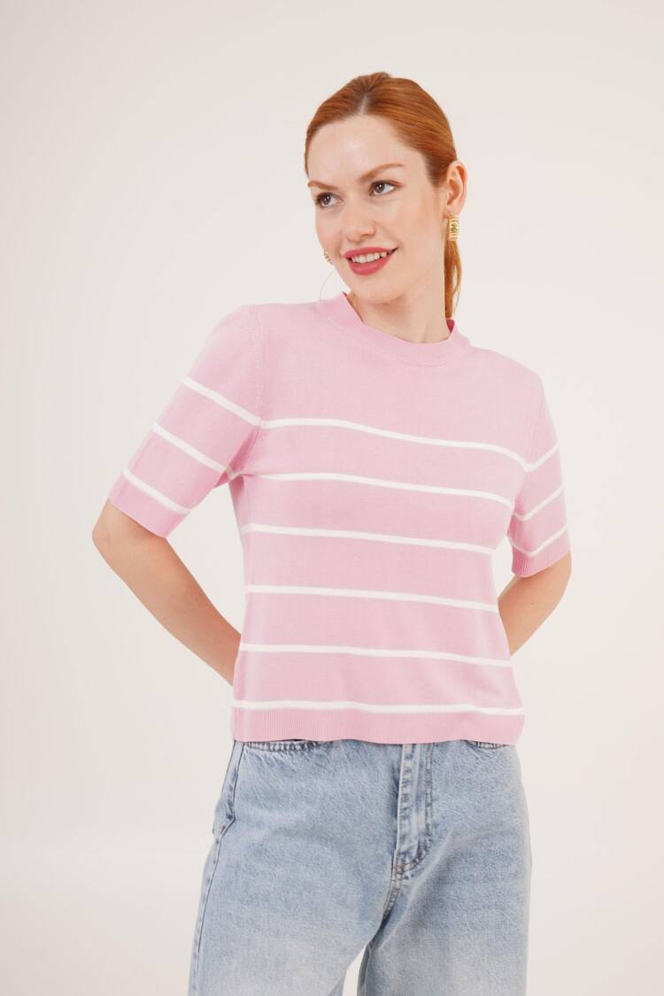 Striped Short Sleeve Pink Wholesale Blouse - Lustrin - Globality Store - Women Clothes Wholesale Turkey