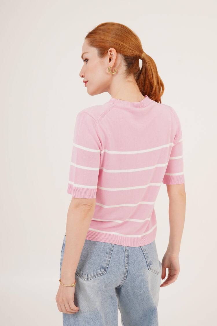 Striped Short Sleeve Pink Wholesale Blouse