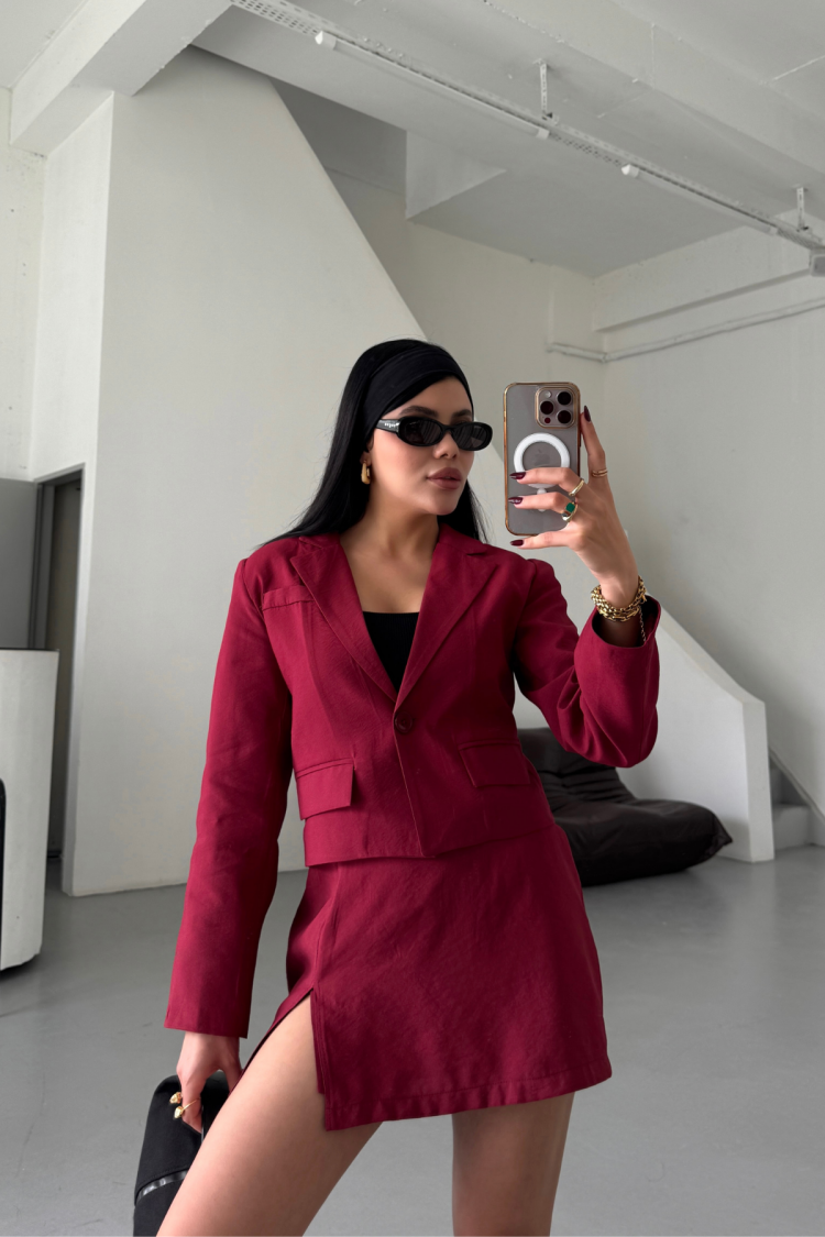 Crop Jacket Short Skirt Set - Burgundy - Ello - Globality Store - Women Clothes Wholesale Turkey