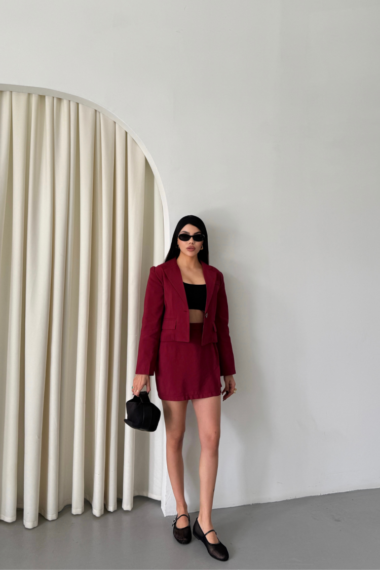 Crop Jacket Short Skirt Set - Burgundy