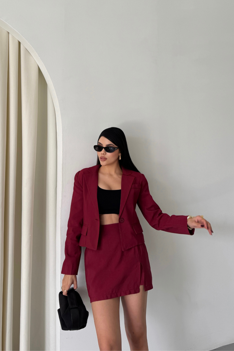 Crop Jacket Short Skirt Set - Burgundy