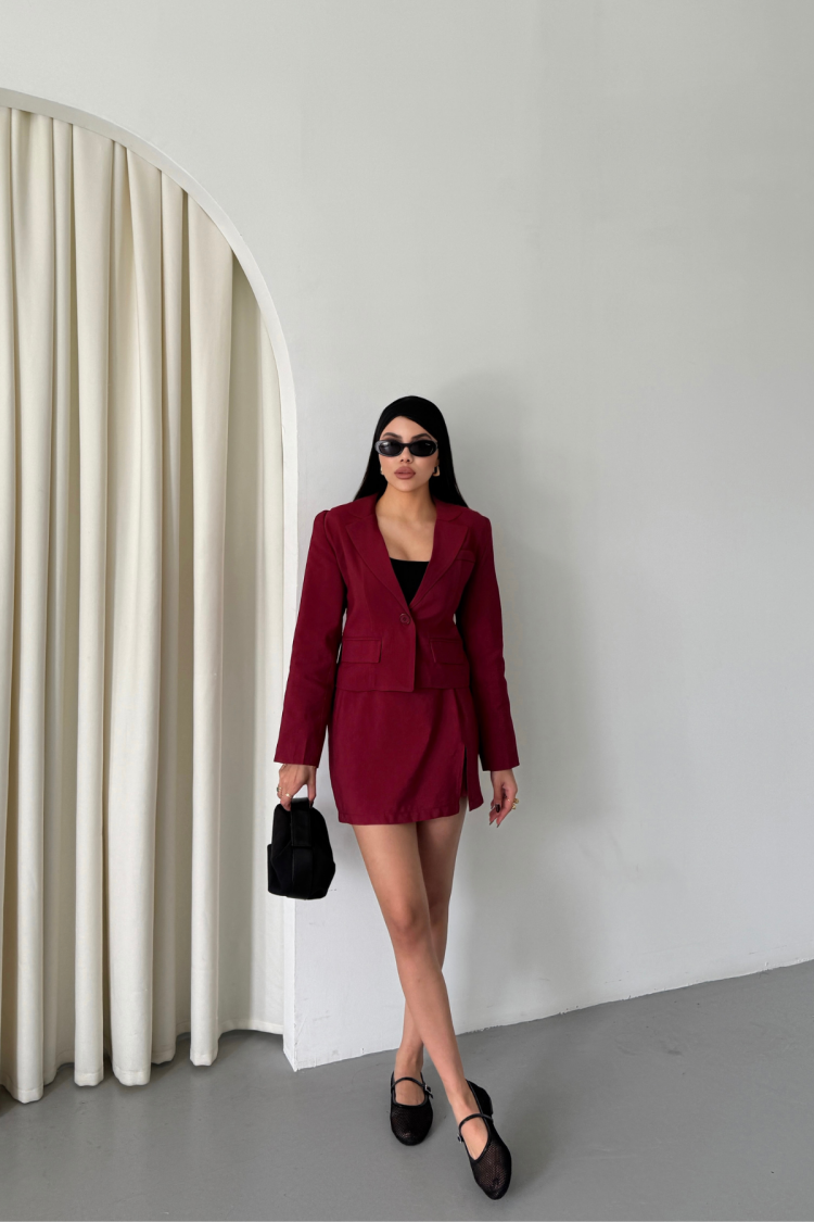 Crop Jacket Short Skirt Set - Burgundy