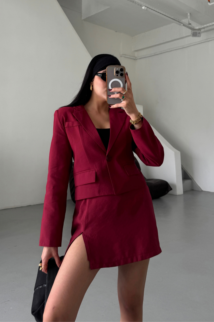 Crop Jacket Short Skirt Set - Burgundy