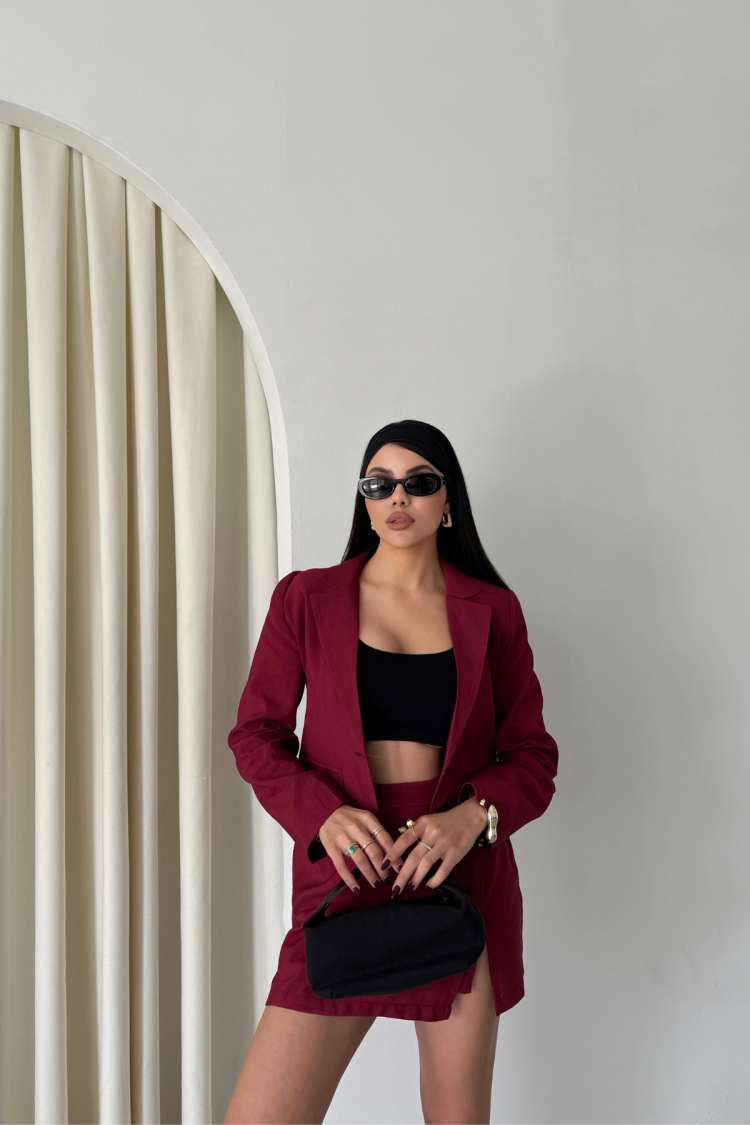 Crop Jacket Short Skirt Set - Burgundy