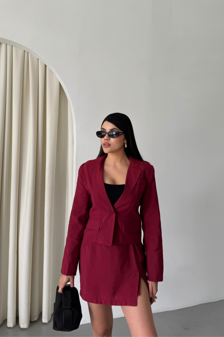 Crop Jacket Short Skirt Set - Burgundy