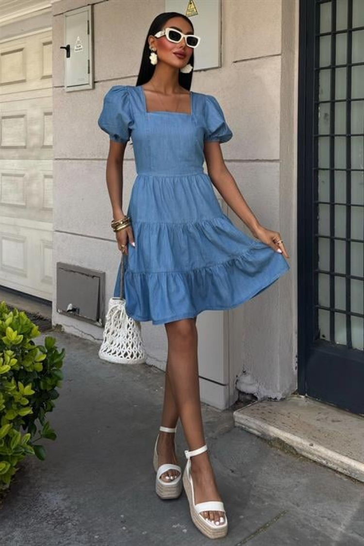 Square Neck And Gipe Detailed Tensel Dress - Sobe Istanbul - Globality Store - Women Clothes Wholesale Turkey