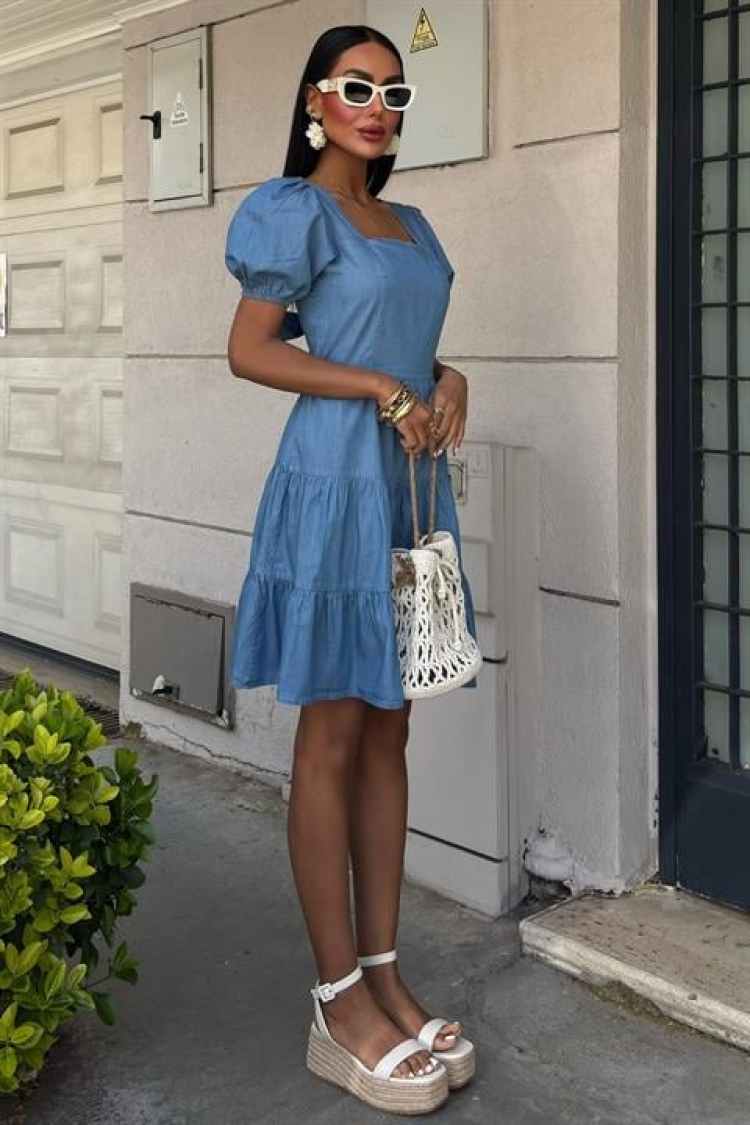 Square Neck And Gipe Detailed Tensel Dress