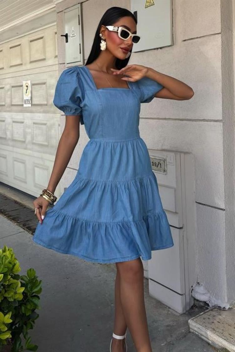 Square Neck And Gipe Detailed Tensel Dress