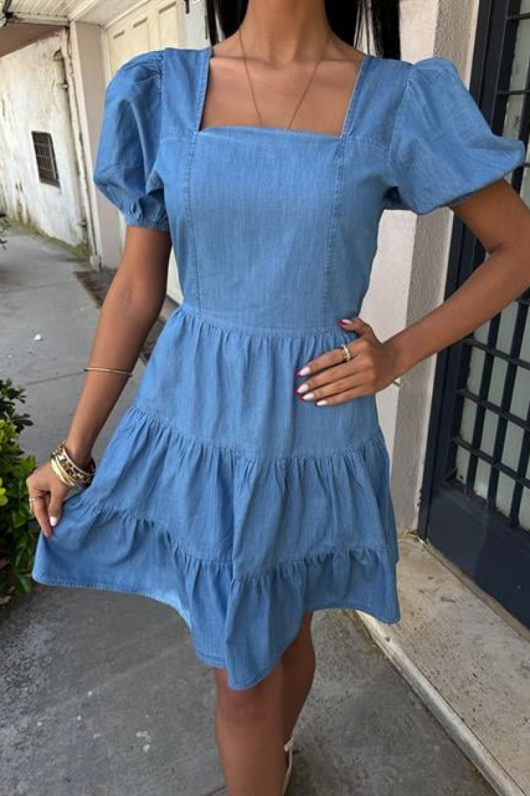 Square Neck And Gipe Detailed Tensel Dress