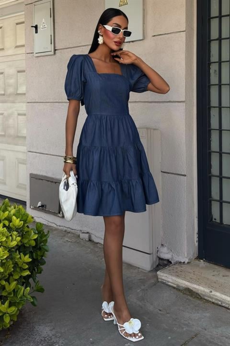 Square Neck And Gipe Detailed Tensel Dress