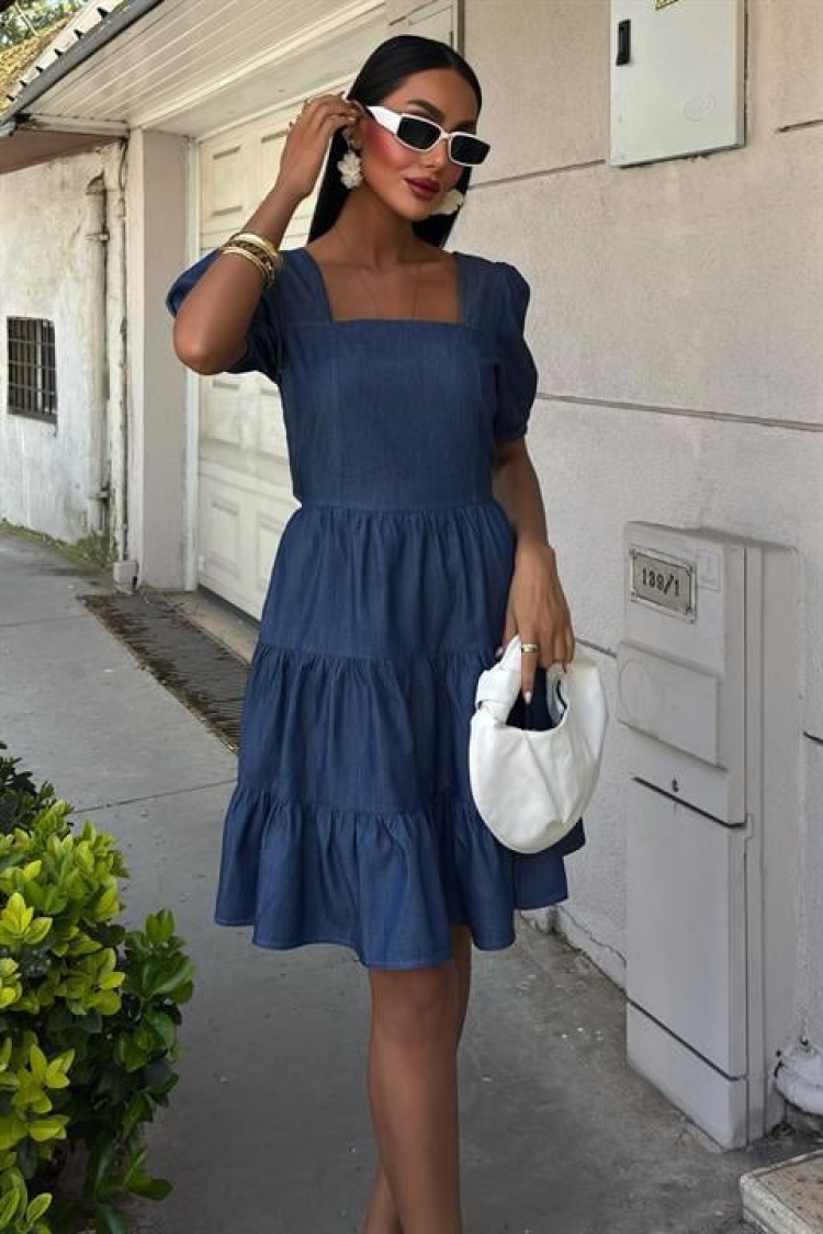 Square Neck And Gipe Detailed Tensel Dress