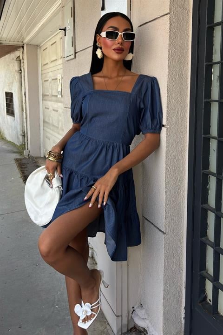 Square Neck And Gipe Detailed Tensel Dress