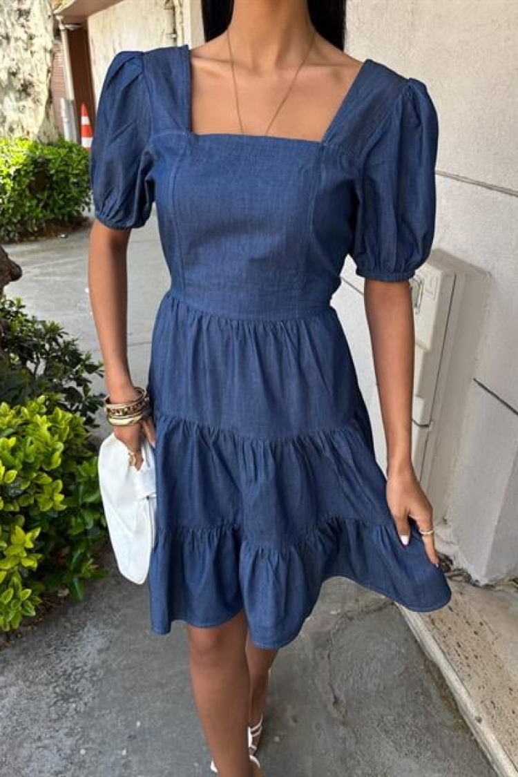 Square Neck And Gipe Detailed Tensel Dress