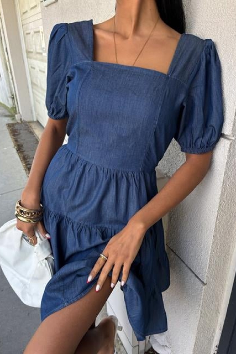 Square Neck And Gipe Detailed Tensel Dress