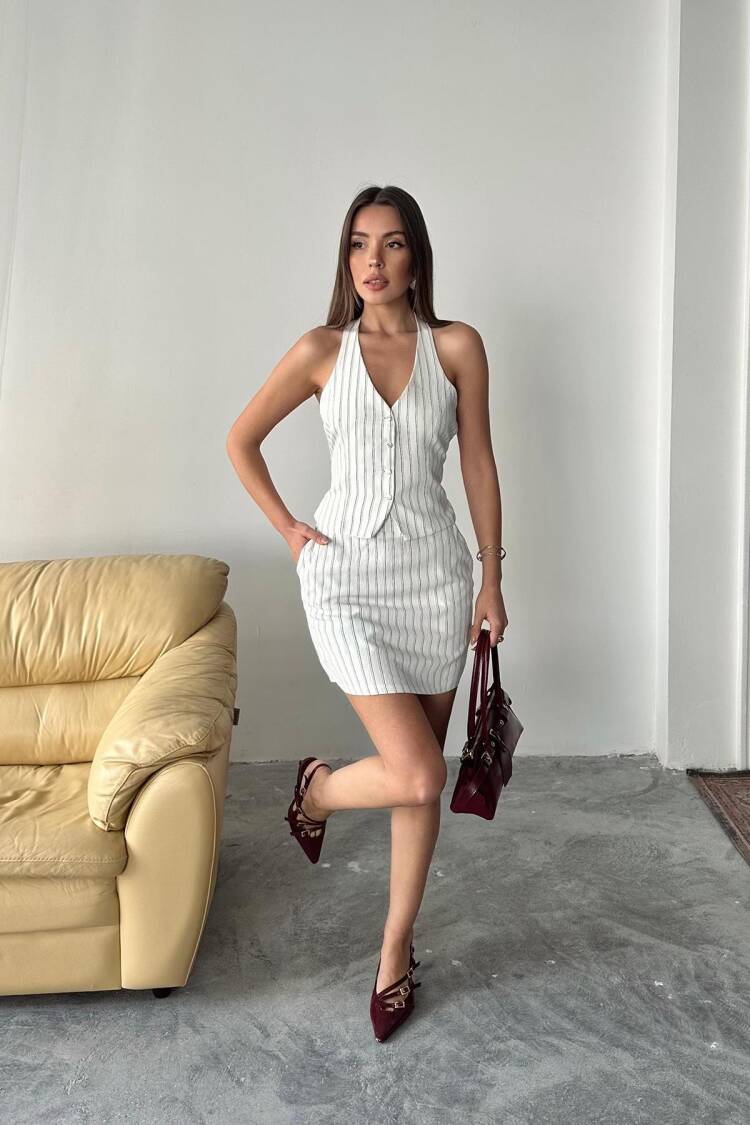 WholesaleStriped Vest And Skirt Suit - Elisa - Globality Store - Women Clothes Wholesale Turkey