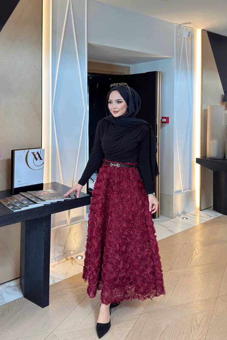 Premium Rose Detailed Design Hijab Skirt - Burgundy - Mode Roy - Globality Store - Women Clothes Wholesale Turkey