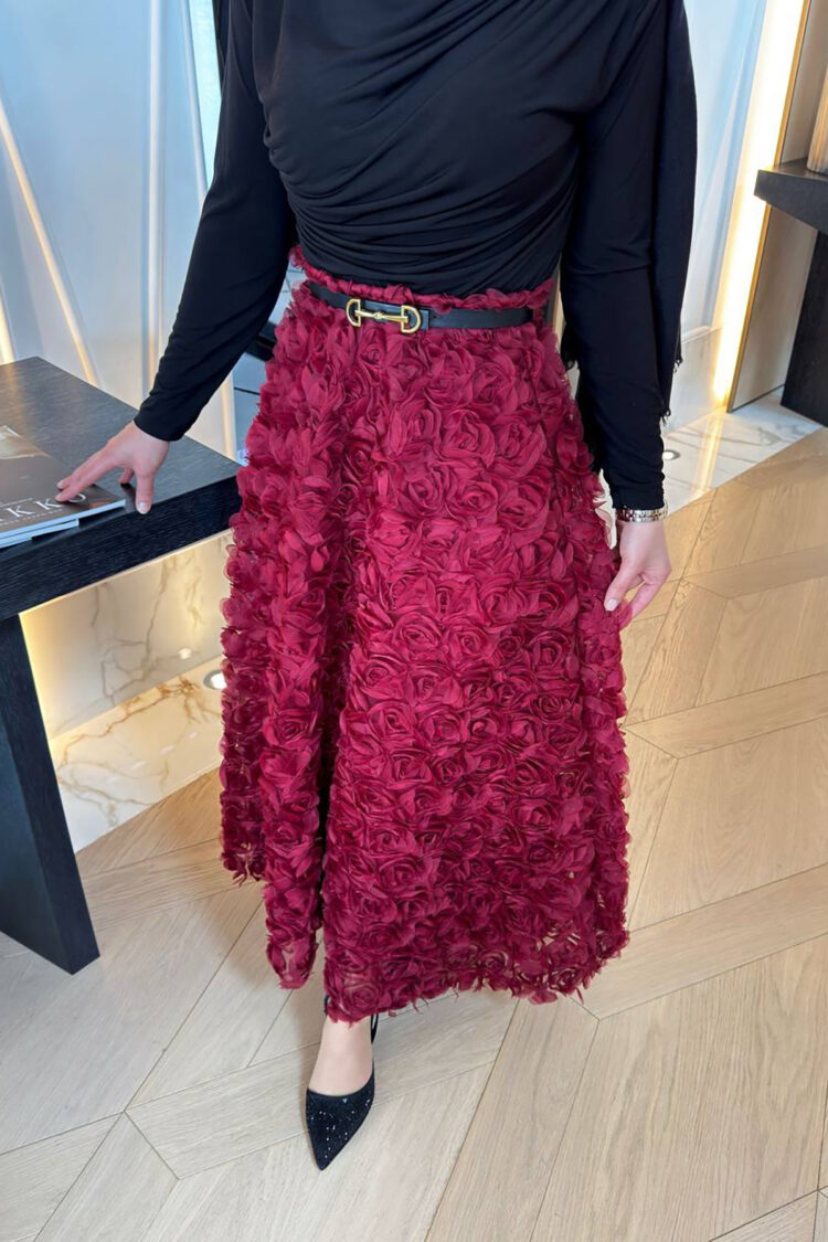 Premium Rose Detailed Design Hijab Skirt - Burgundy