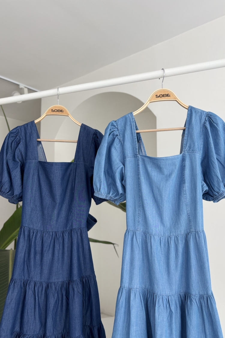 Square Neck And Gipe Detailed Tensel Dress