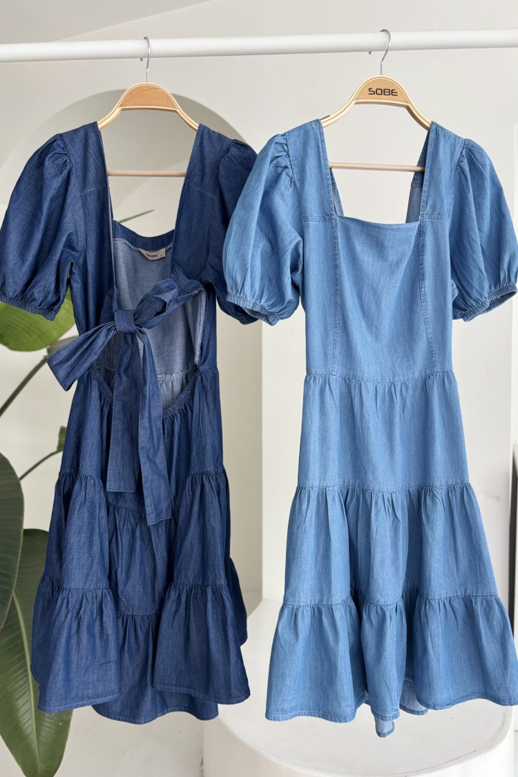 Square Neck And Gipe Detailed Tensel Dress