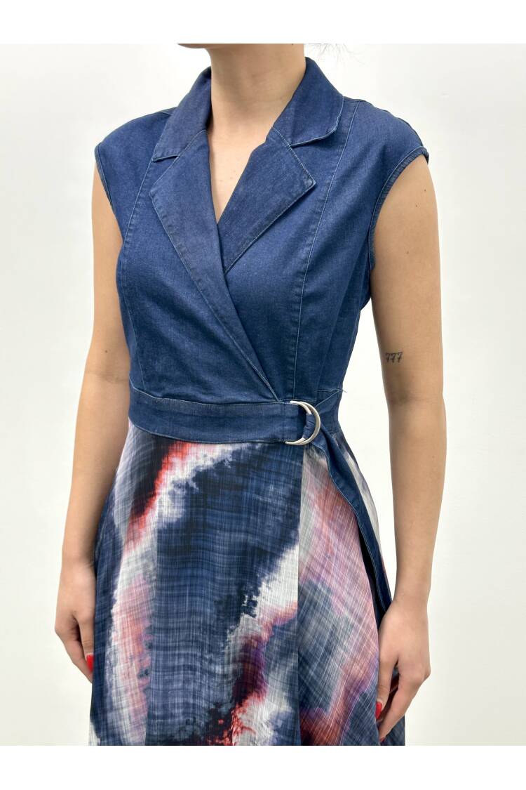 Denim Dress With Chiffon Skirt - STEPS - Globality Store - Women Clothes Wholesale Turkey