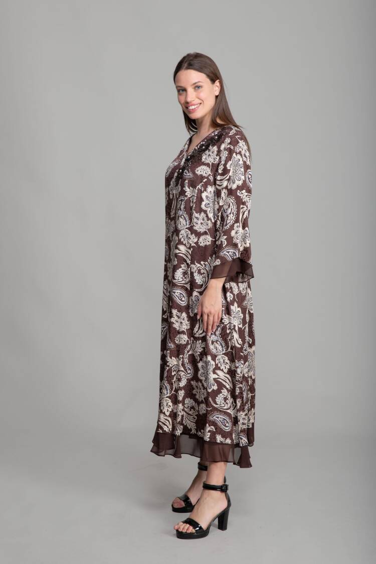 V Neck Jacquard Empirme Dress - Multicolor - GUMANIZE - Globality Store - Women Clothes Wholesale Turkey