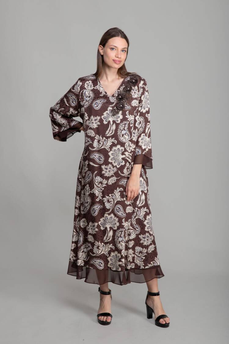 V Neck Jacquard Empirme Dress - Multicolor