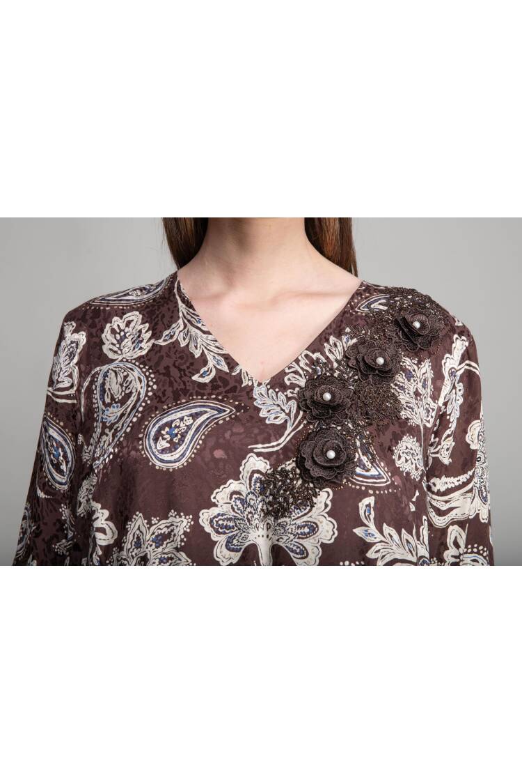 V Neck Jacquard Empirme Dress - Multicolor