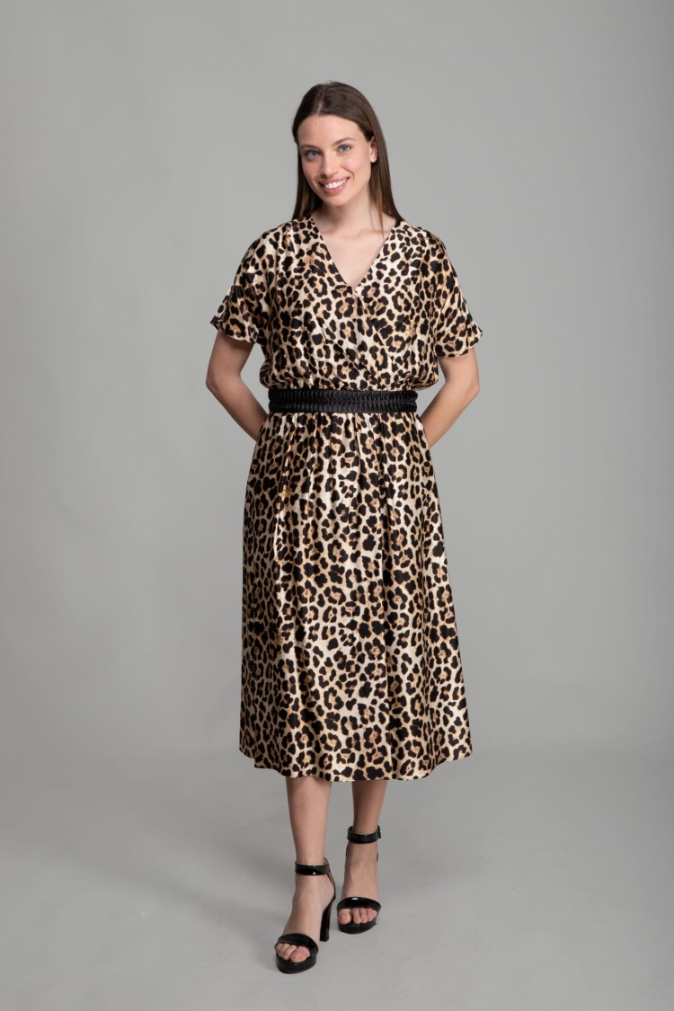 V Neck Viscon Satin Dress - Multicolor
