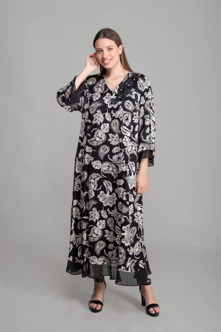 V Neck Jacquard Empirme Dress - Multicolor - GUMANIZE - Globality Store - Women Clothes Wholesale Turkey