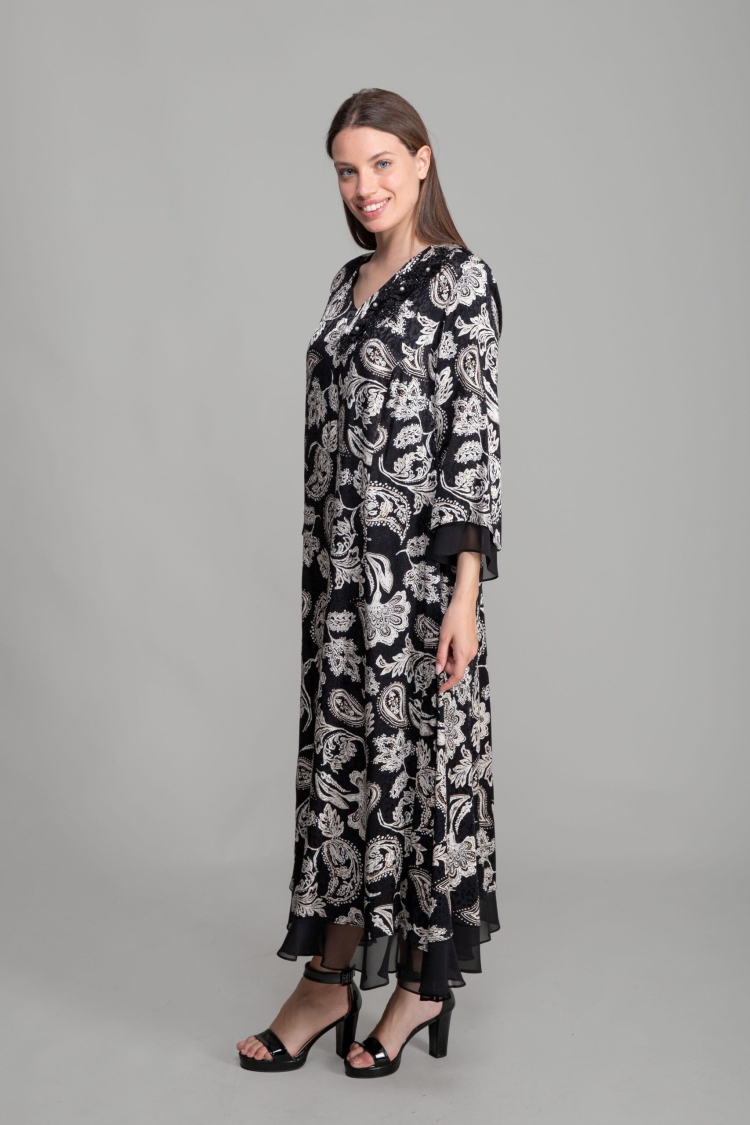 V Neck Jacquard Empirme Dress - Multicolor