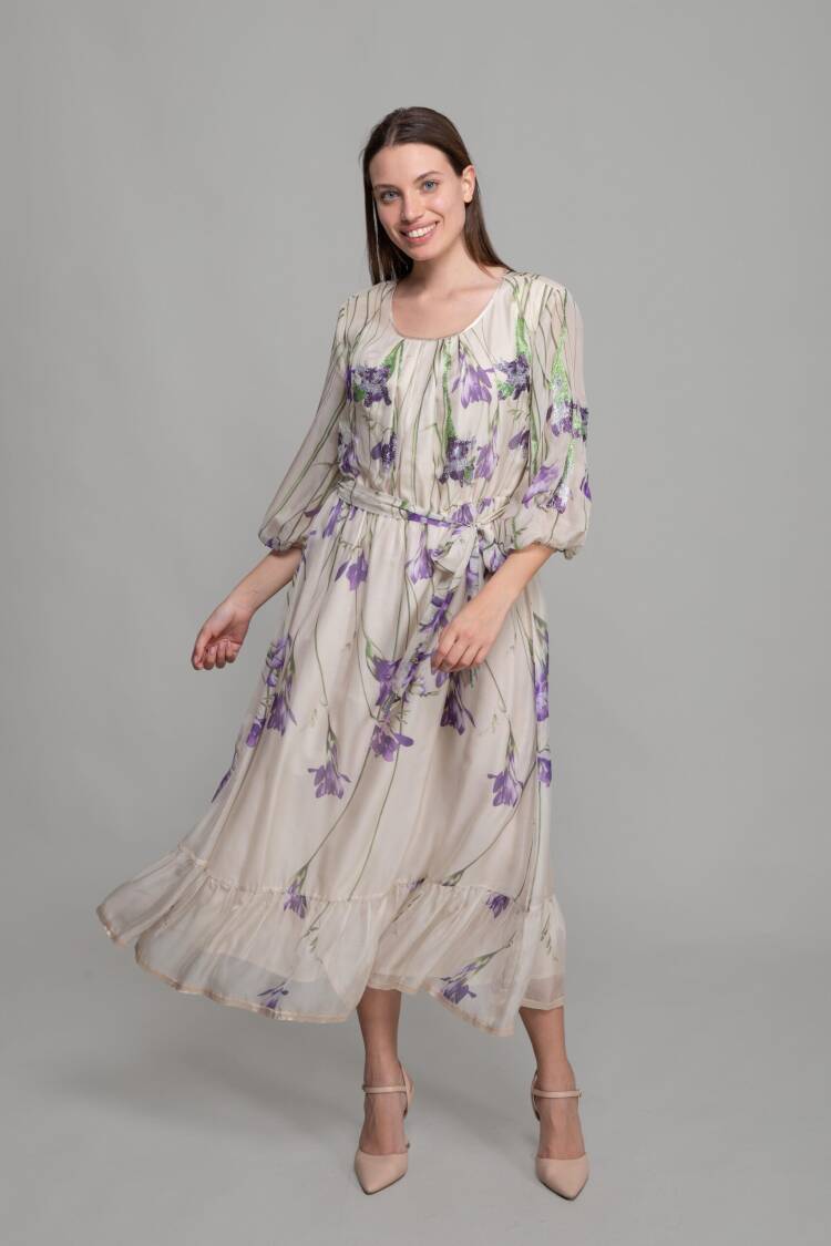 Round Neck Floral Pattern Print Dress - Multicolor - GUMANIZE - Globality Store - Women Clothes Wholesale Turkey