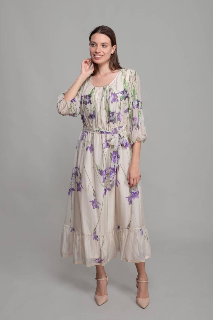 Round Neck Floral Pattern Print Dress - Multicolor