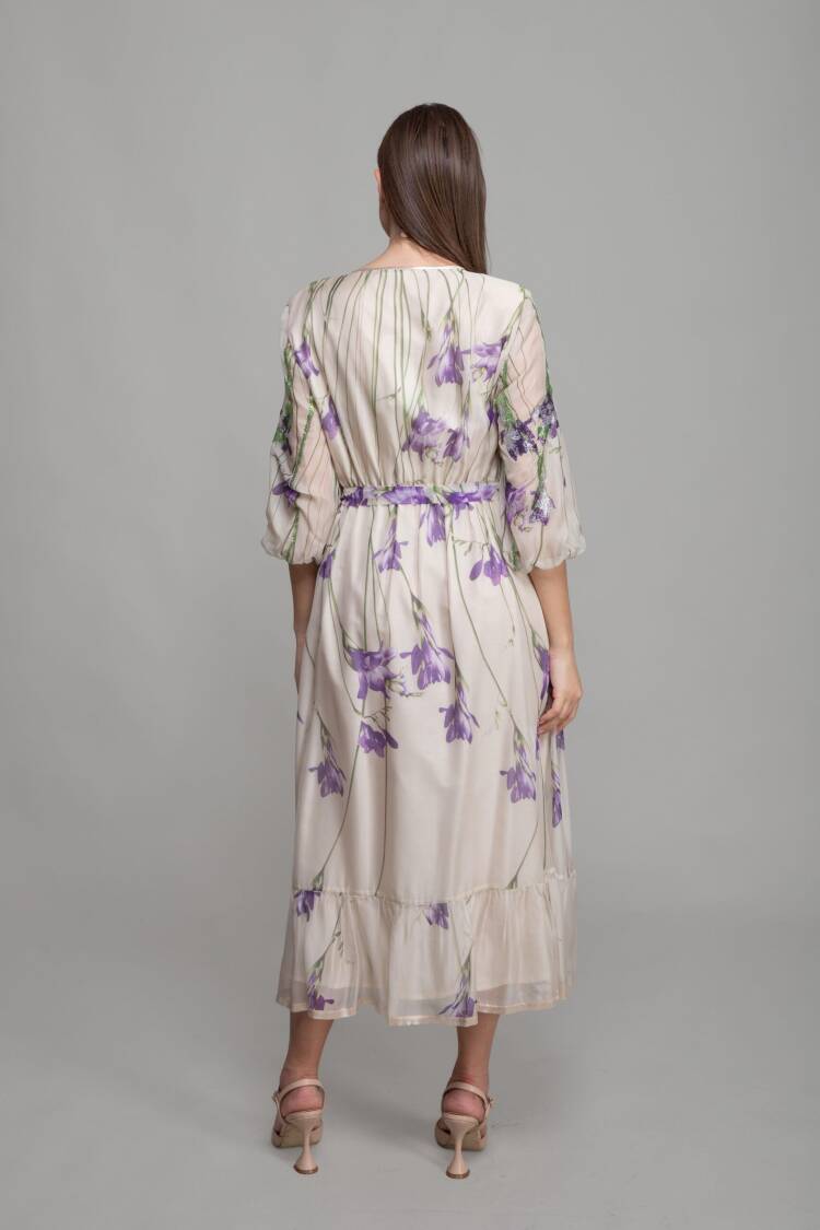 Round Neck Floral Pattern Print Dress - Multicolor