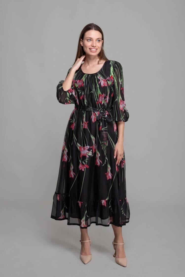 Round Neck Floral Pattern Print Dress - Multicolor - GUMANIZE - Globality Store - Women Clothes Wholesale Turkey