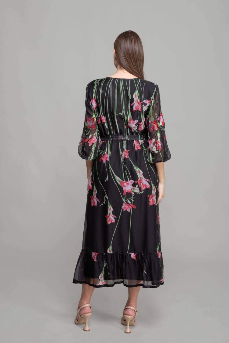Round Neck Floral Pattern Print Dress - Multicolor