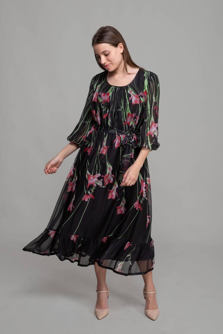 Round Neck Floral Pattern Print Dress - Multicolor