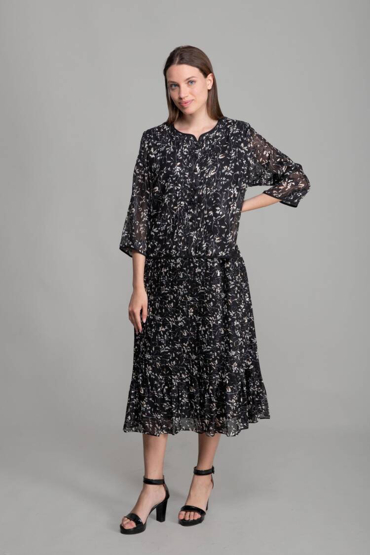 Round Neck Cutout Chiffon Blouse Dress - Multicolor