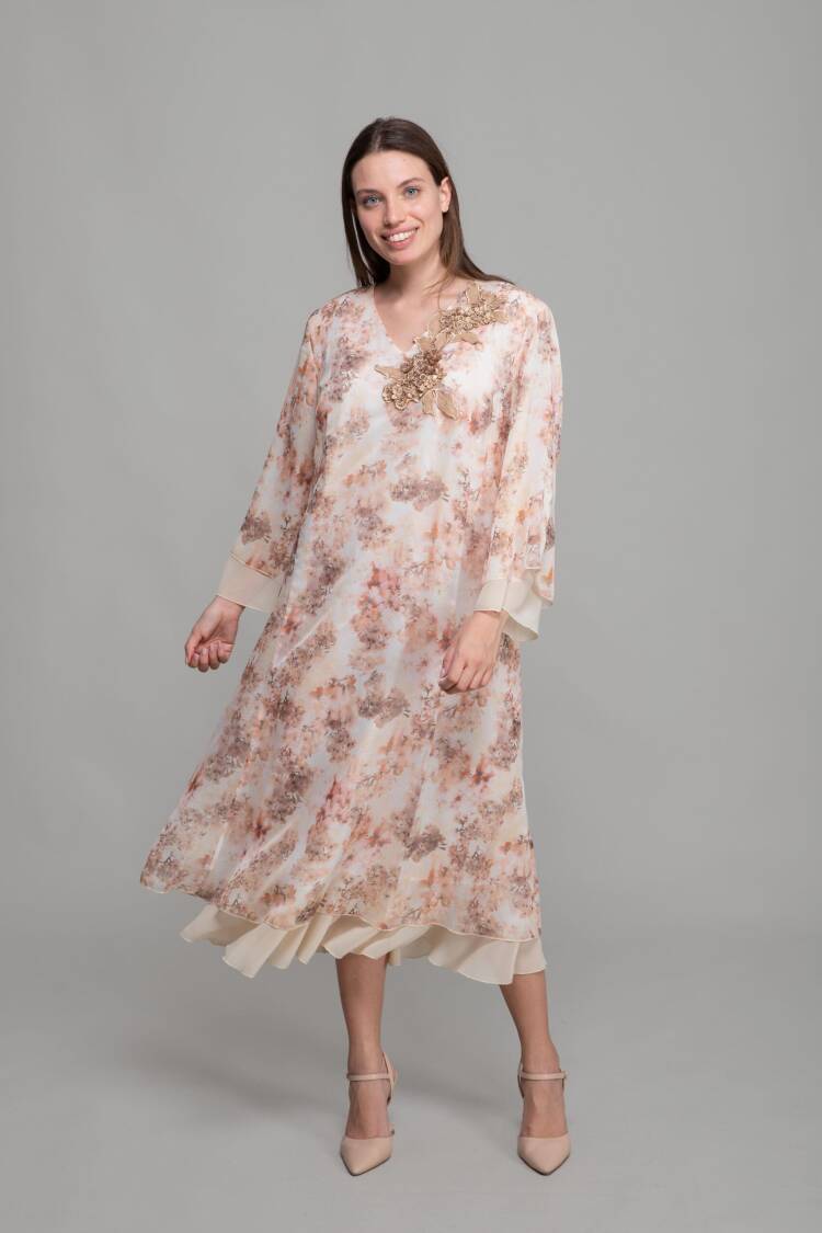 V Neck Silk Line Elegant Dress - Multicolor - GUMANIZE - Globality Store - Women Clothes Wholesale Turkey