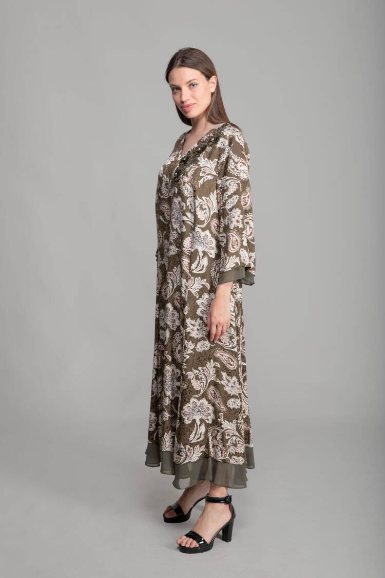 V Neck Jacquard Empirme Dress - Multicolor